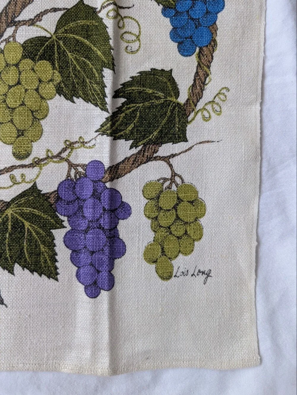 Vintage Lois Long Grape Vine Kitchen Towel in Blue, Purple, Olive